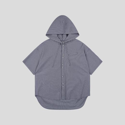 GOODBAI 916 条纹连帽仿珍珠扣口袋oversize短袖衬衫 商品图3
