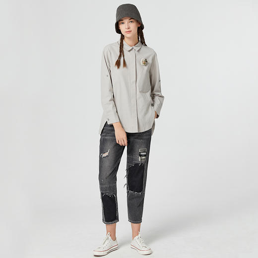 famecoco范可儿翻领前短后长衬衫女士秋季宽松纯棉长袖衬衣灰色D221BA302 商品图4