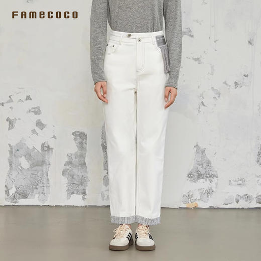 Famecoco商场同款刺绣拼接简约通勤纯棉直筒长裤春秋款FABGGA006 商品图3