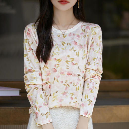 丁摩 超细水溶精纺羊毛衫女新款圆领套头长袖针织打底衫宽松显瘦印花5ZF-3302 商品图6