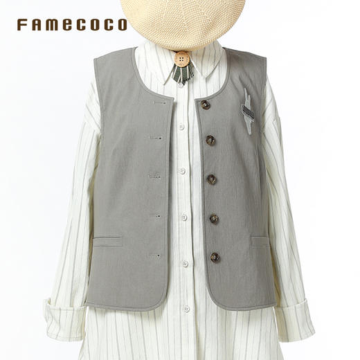 famecoco范可儿马夹棉质无领简约外穿马甲休闲通勤风女装秋季FAB6CA001 商品图4