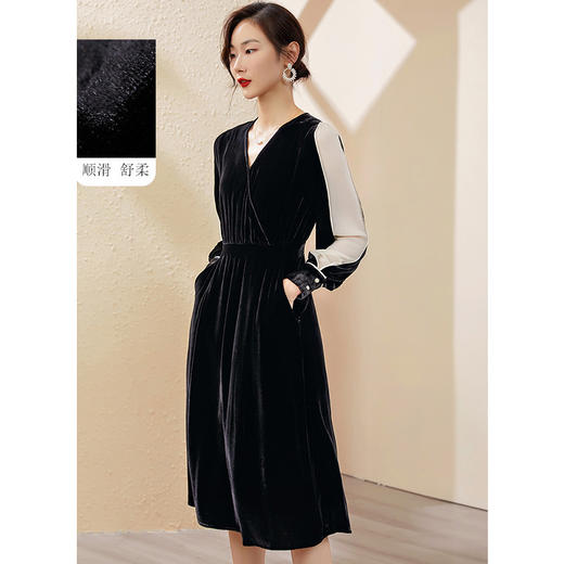 丁摩 法式优雅丝绒真丝长裙设计感小黑裙长袖连衣裙225w61 商品图1
