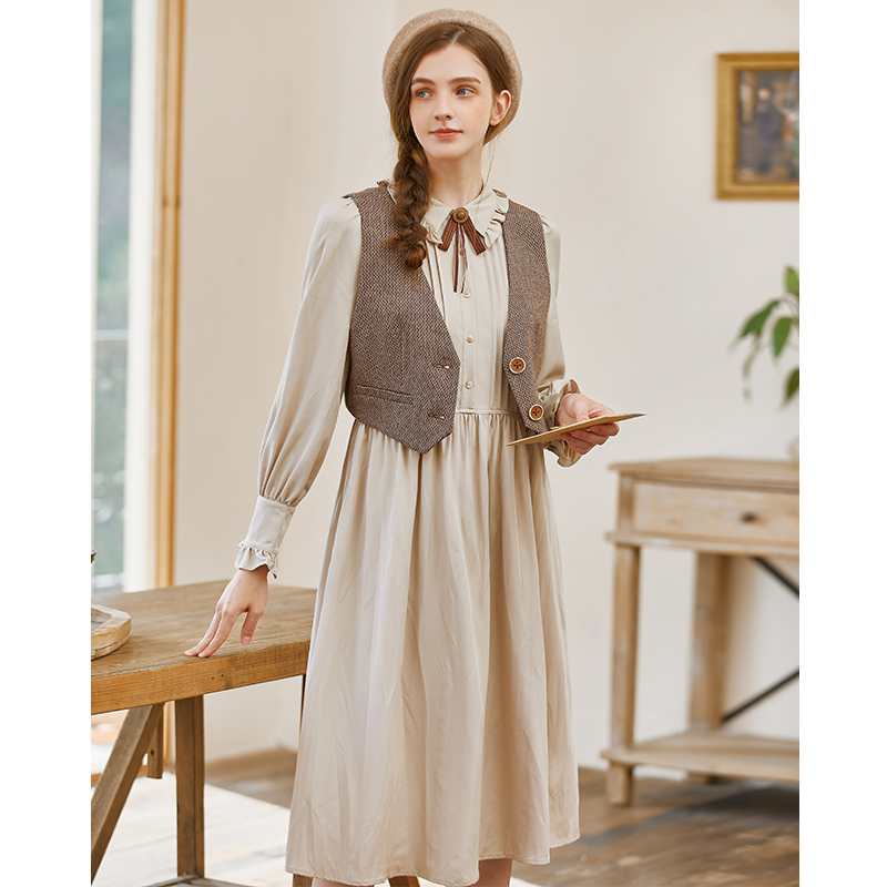 Famecoco范可儿套装裙长袖高腰衬衫裙马甲女装两件套F225EA008