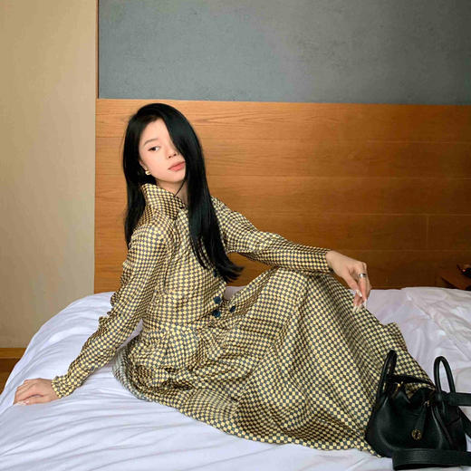 顺丰包邮洛诗琳12728春季新款真丝格纹印花收腰A字连衣裙1065 商品图2