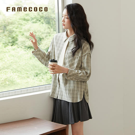 FAMECOCO范可儿衬衫棉质格子休闲开身衬衣附领带女春款FAB6BH017 商品图3