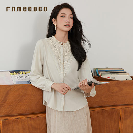 Famecoco范可儿衬衫灯笼袖花边开身衬衣文艺刺绣女FAB6BH004 商品图2