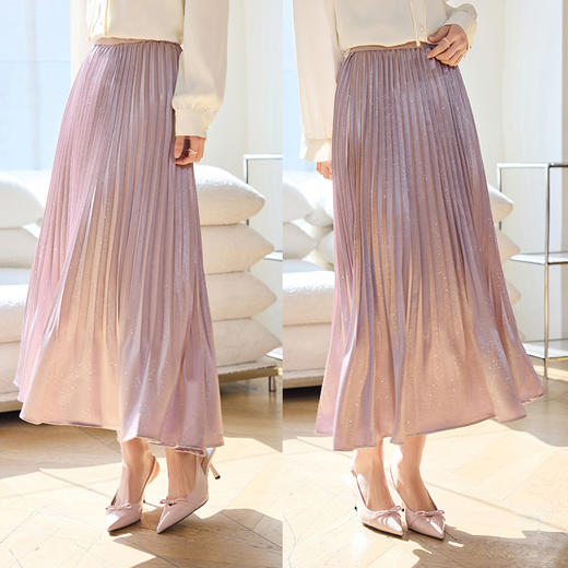 VICTORIA&VERA春季“漫春游人”系列漂亮姐姐的光泽感醋酸爆闪松紧腰百褶半身裙 商品图6