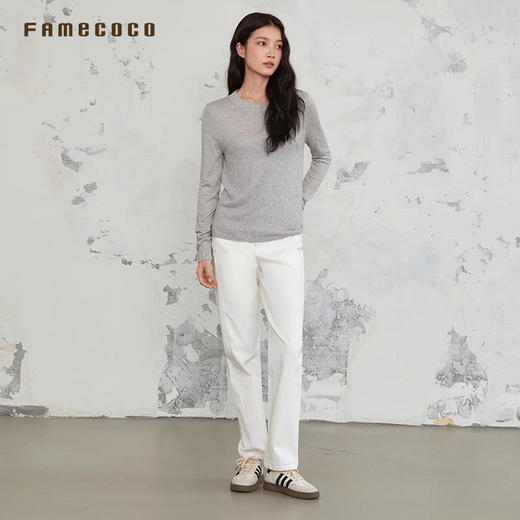 Famecoco原创个性铆钉织带通勤简约明线棉质直筒休闲裤FAB6GA006 商品图3