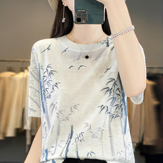 丁摩 夏季新款半袖羊毛+桑蚕丝针织衫女百搭半袖圆领减龄洋气上衣5ZF-2330 商品图1