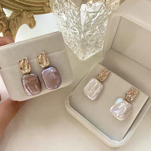 丁摩 天然淡水珍珠方形耳钉银针轻奢女简约复古异形巴洛克耳环高级感夏 5ZF-0211 商品图1