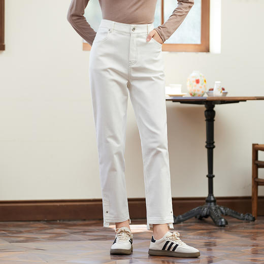 famecoco范可儿女士白色棉质裤子秋季弹力直筒休闲通勤休闲裤长裤F225GA021 商品图1