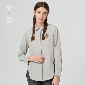 famecoco范可儿翻领前短后长衬衫女士秋季宽松纯棉长袖衬衣灰色D221BA302