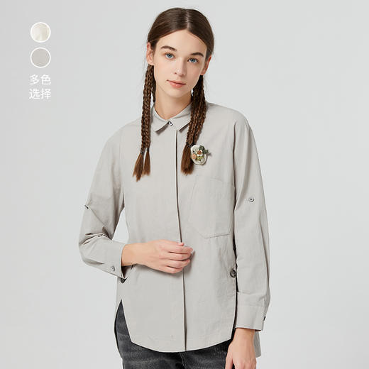 famecoco范可儿翻领前短后长衬衫女士秋季宽松纯棉长袖衬衣灰色D221BA302 商品图0