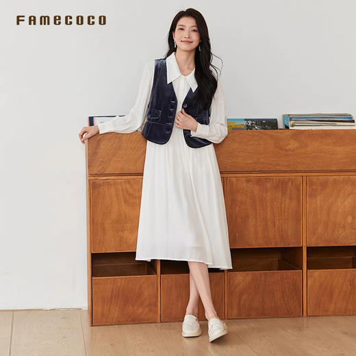 Famecoco原创春款马甲连衣裙套装2件套减龄高腰灯笼袖FAB6EA001 商品图2
