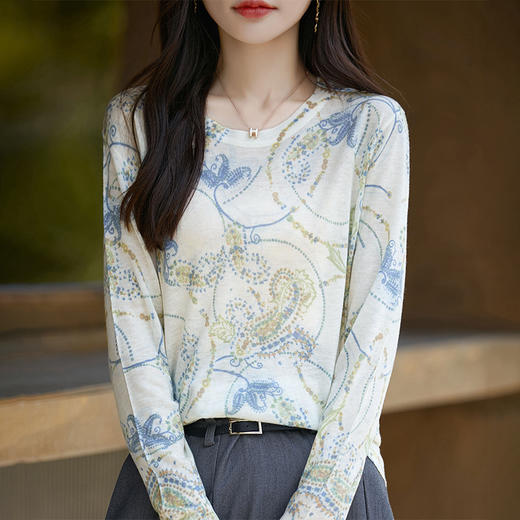 丁摩 超细水溶精纺羊毛衫女新款圆领套头长袖针织打底衫宽松显瘦印花5ZF-3302 商品图8