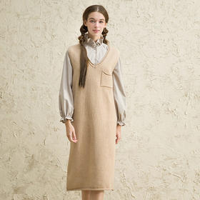 Famecoco范可儿韩版连衣裙春款新宽松休闲V领羊毛背带裙