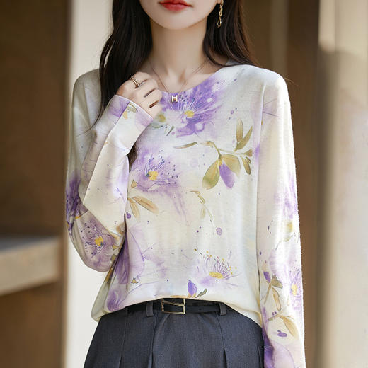 丁摩 超细水溶精纺羊毛衫女新款圆领套头长袖针织打底衫宽松显瘦印花5ZF-3302 商品图2