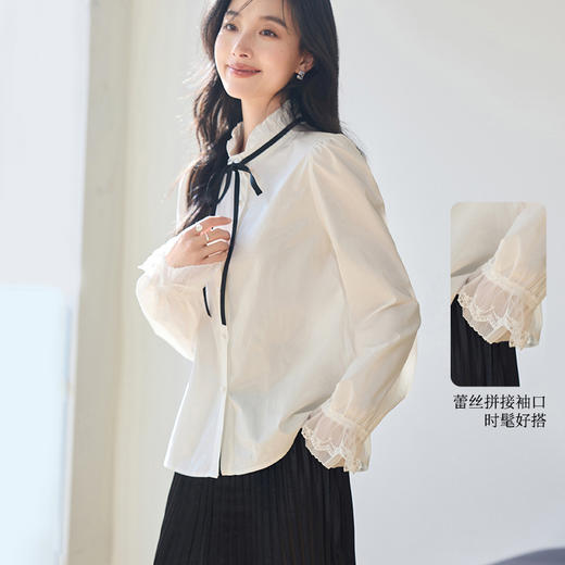 VICTORIA&VERA春季“优雅赴春日”系列全棉亲肤春游日立领黑色绑带蕾丝袖衬衫 商品图3