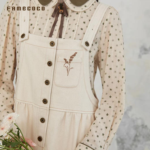 Famecoco原创背带连衣裙棉质高腰文艺简约风刺绣春款FAB6FE003 商品图4