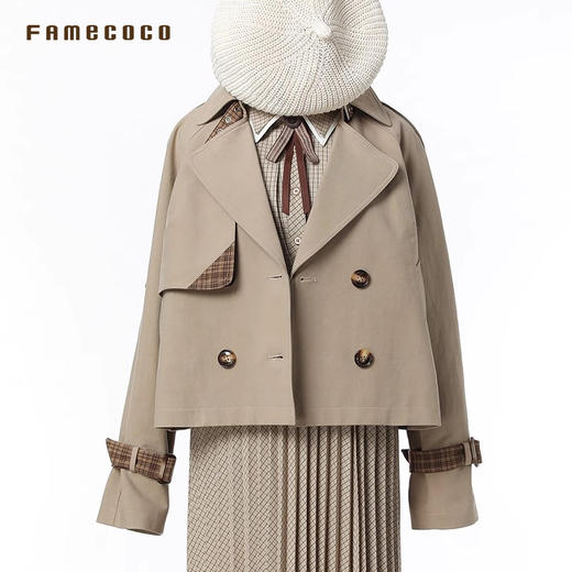 Famecoco风衣短款格子拼接不对称设计翻领女外套春秋款FAB6AV005 商品图3
