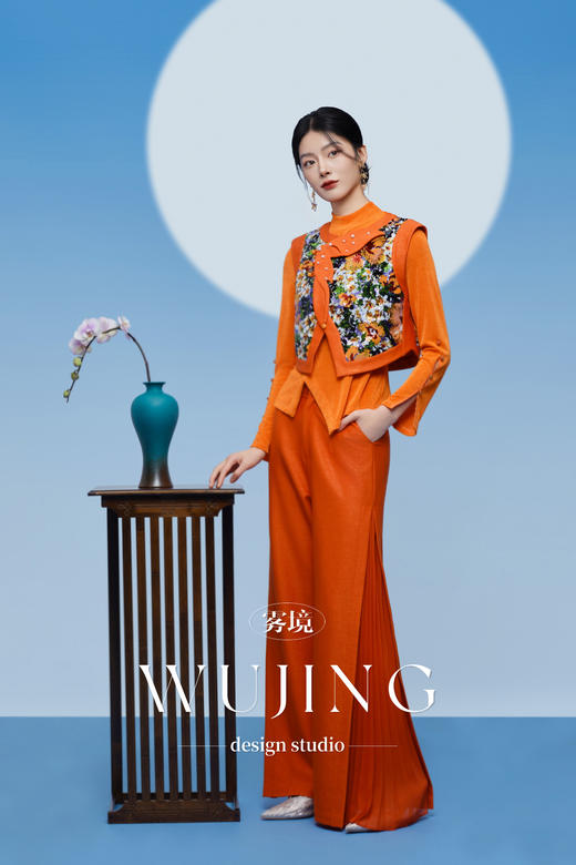 3205225 醉日焦橙 重磅花色亮片/韩国进口醋酸缎马甲 雾境 商品图6