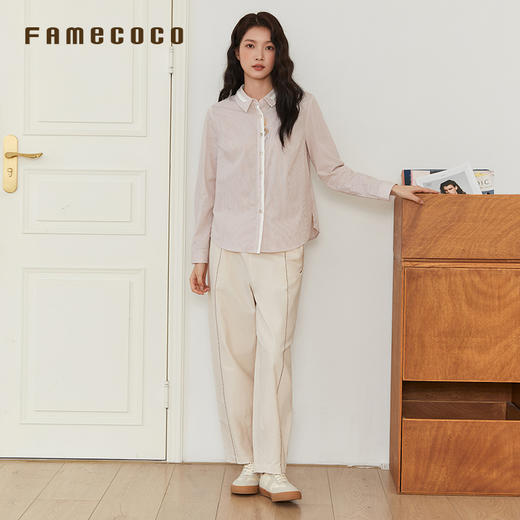 Famecoco范可儿衬衫纯棉条纹刺绣开身衬衣撞色拼接通勤女春秋款 商品图3