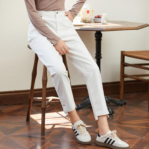 famecoco范可儿女士白色棉质裤子秋季弹力直筒休闲通勤休闲裤长裤F225GA021 商品图2