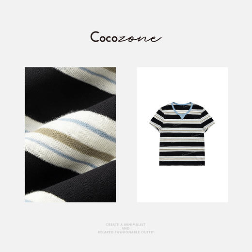 COCO ZONE 复古条纹撞色百搭显瘦圆领短袖T恤CD1A0182 商品图2
