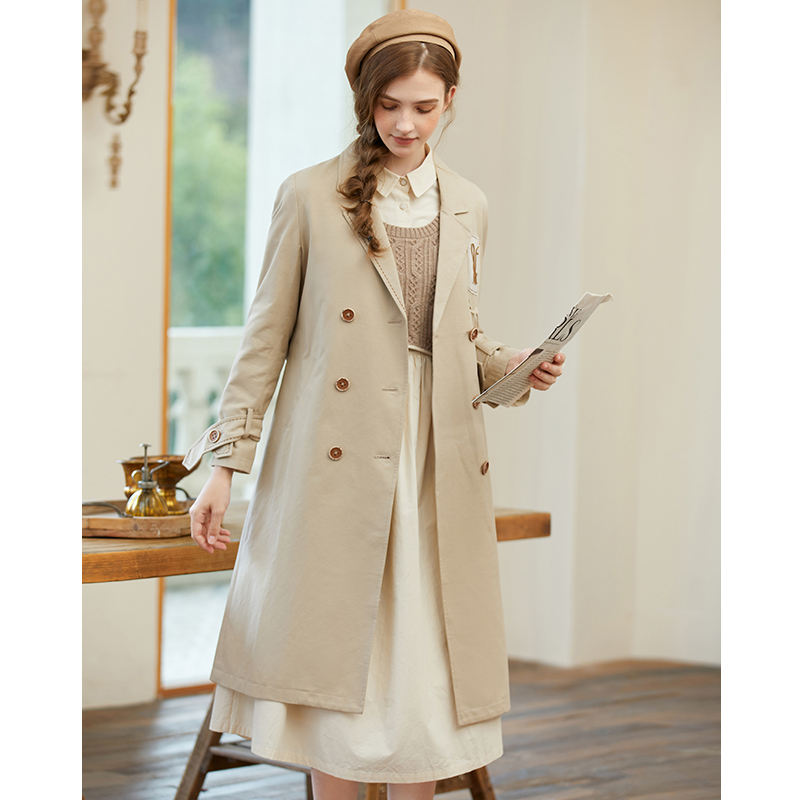 Famecoco范可儿女士长款风衣秋季气质收腰通勤外套F225AT001