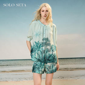 Soloseta女士真丝海边度假风睡衣套装桑蚕丝短袖短裤印花2025年秋