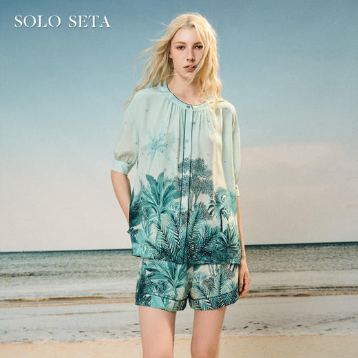 Soloseta女士真丝海边度假风睡衣套装桑蚕丝短袖短裤印花2025年秋 商品图0