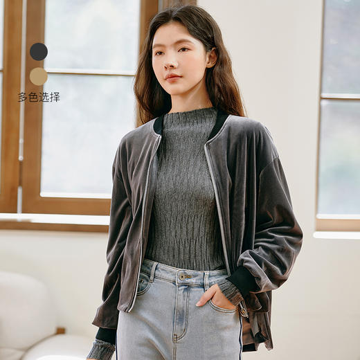 famecoco范可儿宽松短款棒球服女士秋款休闲丝绒设计感外套D221AB300 商品图0