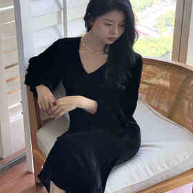 顺丰包邮洛诗琳13038春季新款气质真丝丝绒V领收腰连衣裙10885