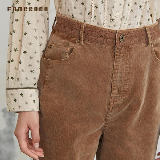 Famecoco范可儿复古百搭灯芯绒直筒显瘦长裤拼接腰头FAB6GA021 商品图4