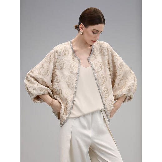 COCOBELLA重工亮片盘绣国风外套女钉珠链条花苞袖上衣SC3021 商品图3