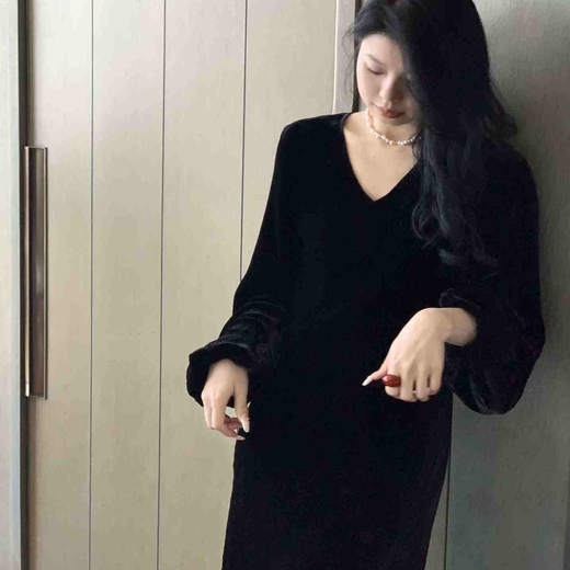 顺丰包邮洛诗琳13038春季新款气质真丝丝绒V领收腰连衣裙10885 商品图1