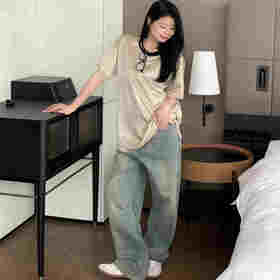 顺丰包邮洛诗琳12728夏季高级感条纹提花宽松圆领醋酸T恤女10373