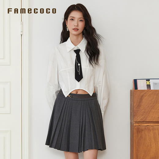 Famecoco范可儿衬衫棉质短款时尚露脐开身衬衣附领带女装春秋款FAB6BH036 商品图0