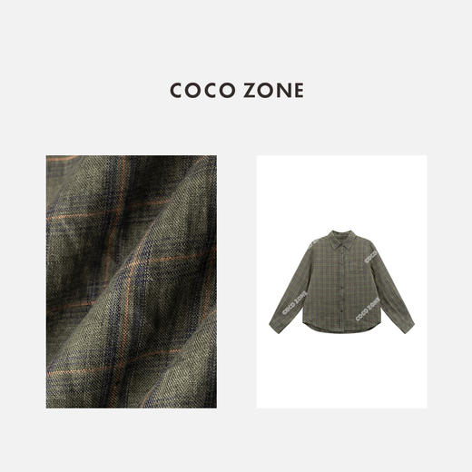COCO ZONE 100亚麻格纹翻领衬衫气质单排扣上衣CC1B1398 商品图2
