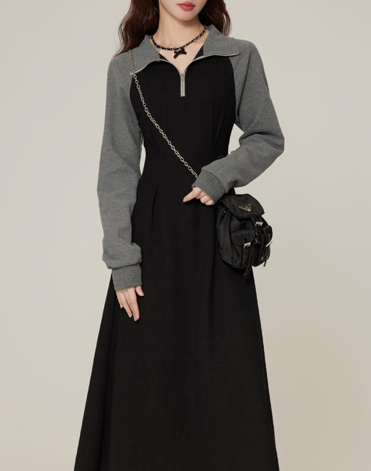 裁缝学院AQ434新款Polo领休闲连衣裙女高级感显瘦气质收腰长袖卫衣裙 商品图2