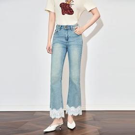 【高货wl】全新升级【铂金会员220/天猫299/差价79】(05645) 洛诗琳轻奢重工烫钻拼蕾丝四面弹牛仔裤时髦设计感喇叭裤