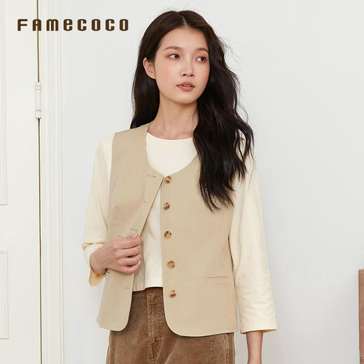 famecoco范可儿马夹棉质无领简约外穿马甲休闲通勤风女装秋季FAB6CA001 商品图1