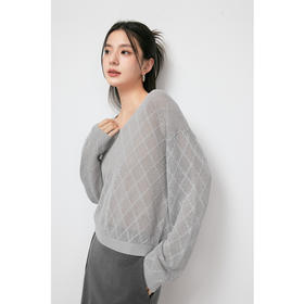 【商场同款】诗凡黎灰色菱格镂空针织衫2024夏新款3F4531181S
