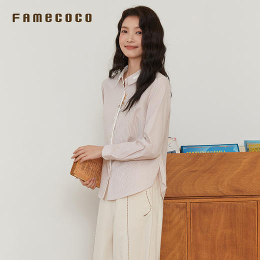 Famecoco范可儿衬衫纯棉条纹刺绣开身衬衣撞色拼接通勤女春秋款 商品图1