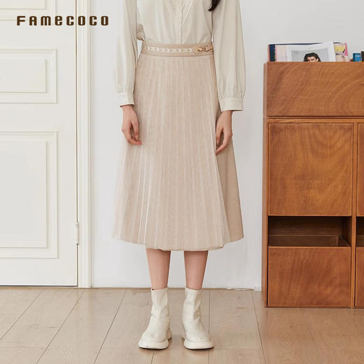 Famecoco半身裙经典百搭百褶网纱拼接A字型通勤FAB6HA002 商品图1