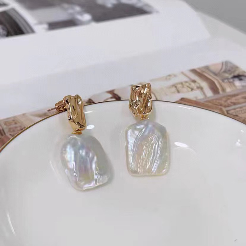 天然淡水珍珠方形耳钉法式复古时尚简约巴洛克异形不规