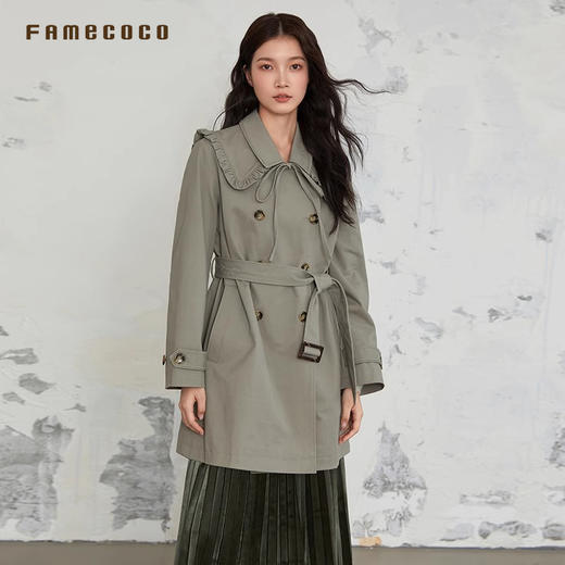 Famecoco商场同款风衣棉质长款双排扣外套花边领通勤春FAB6AA001 商品图2