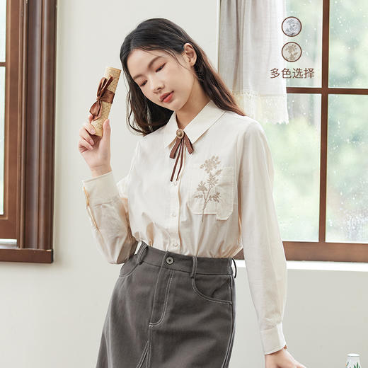 Famecoco范可儿原创绣花全棉衬衫女士秋季长袖白衬衣 商品图0