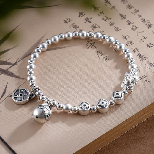 子佩集S999银【一桶金】手串【SC001091】纯银手链铃铛福牌貔貅钱币2502 商品图4