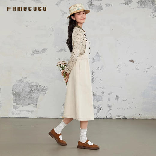 Famecoco原创背带连衣裙棉质高腰文艺简约风刺绣春款FAB6FE003 商品图1